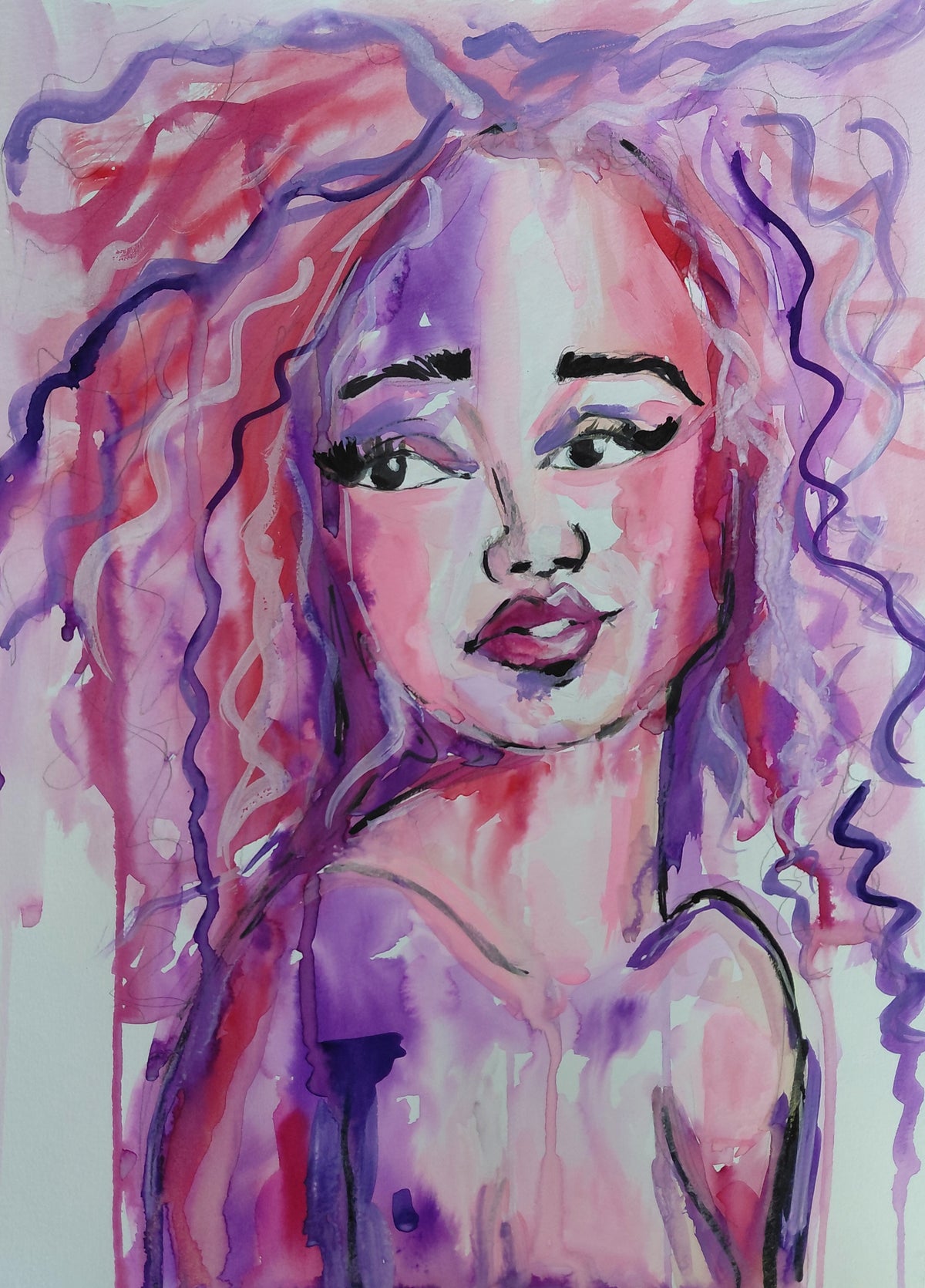 PURPLE CURLS - Original Painting - 29.7cm (W) x 42cm (H) x 0.1cm (D) - Watercolour on Paper