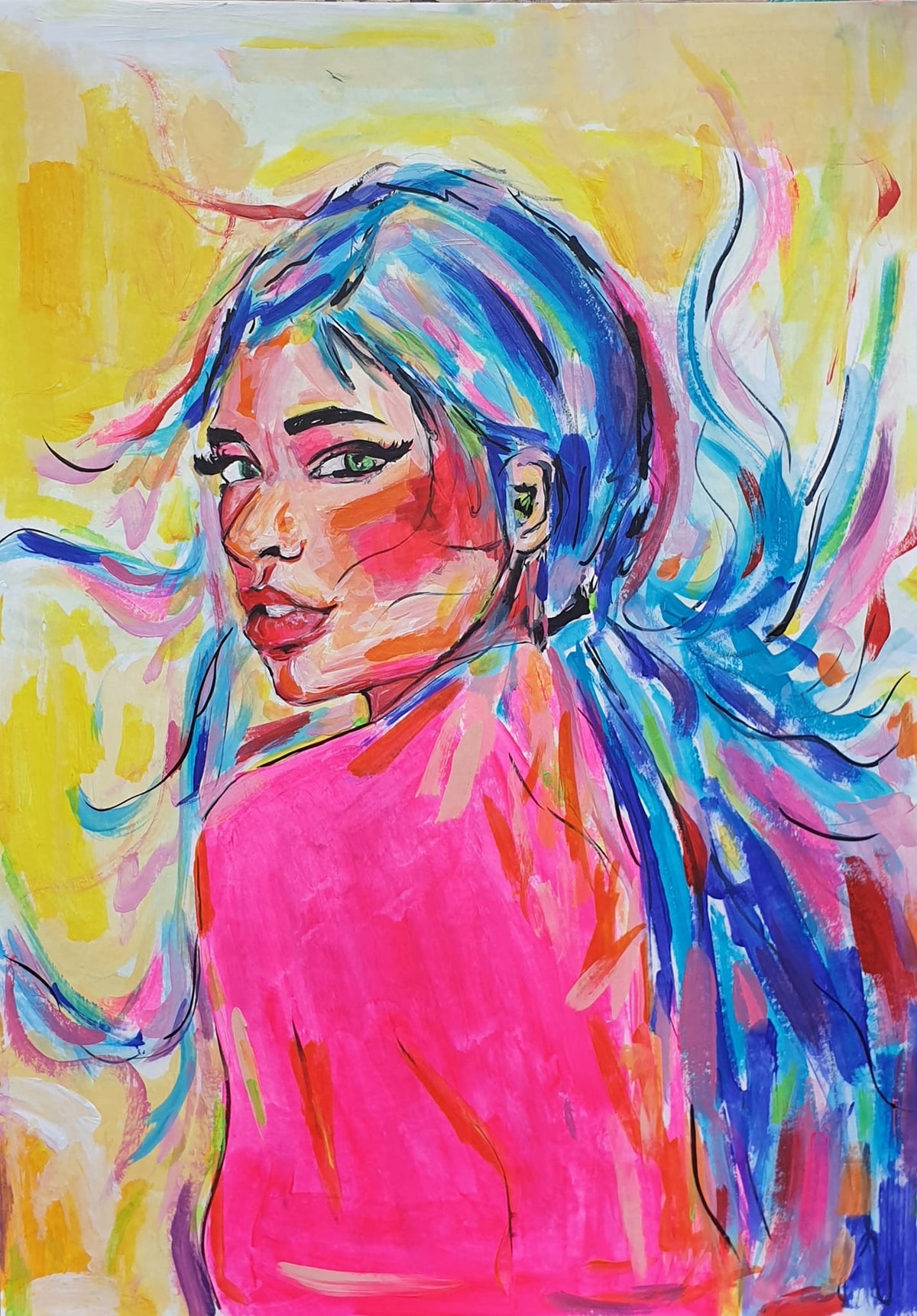 WIND IN HER HAIR - Original Painting - 29.7cm (W) x 42cm (H) x 0.1cm (D) - Acrylic on Paper